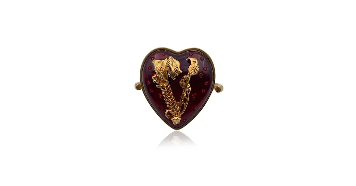 Versace Anillo con forro de Virtus de corazón de metal dorado Talla M Nunca usado Roja 