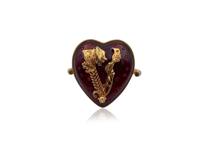 Versace Anillo con forro de Virtus de corazón de metal dorado Talla M Nunca usado Roja 